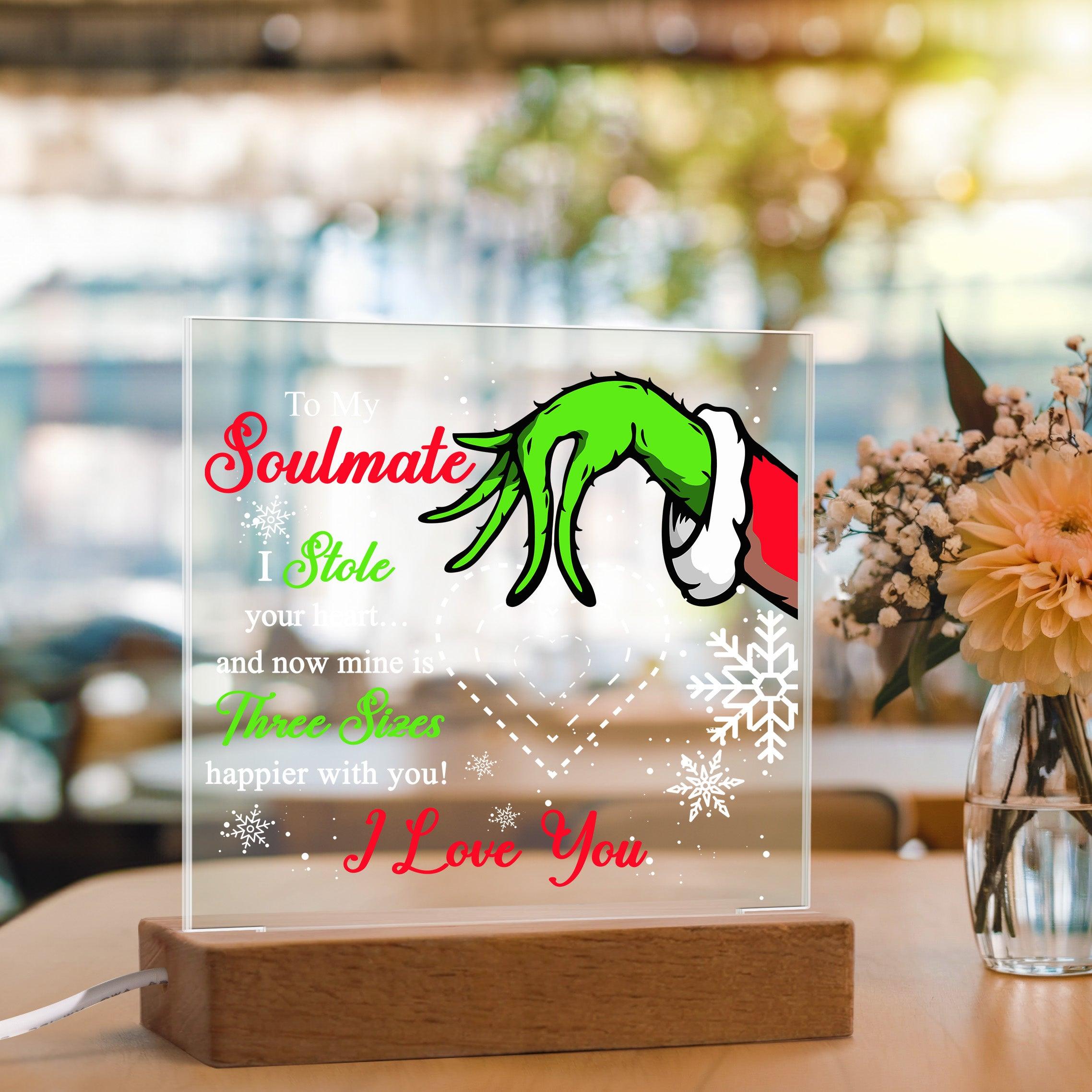 Soulmate Gift - Stole My Heart - Christmas Acrylic Plaque with Lighted LED wooden Base - Mallard Moon Gift Shop