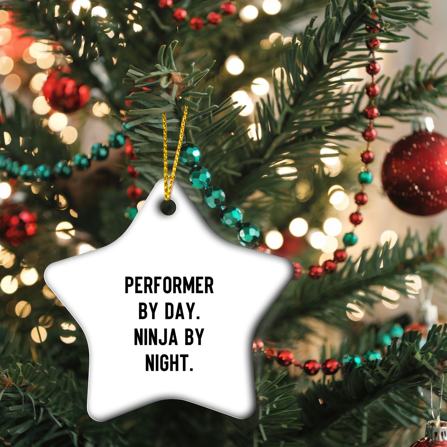 Performer Funny Star Christmas Tree Ornament - "Performer by Day, Ninja By Night" - Unique Gift for Actors, Dancers, Musicians, Artists - Mallard Moon