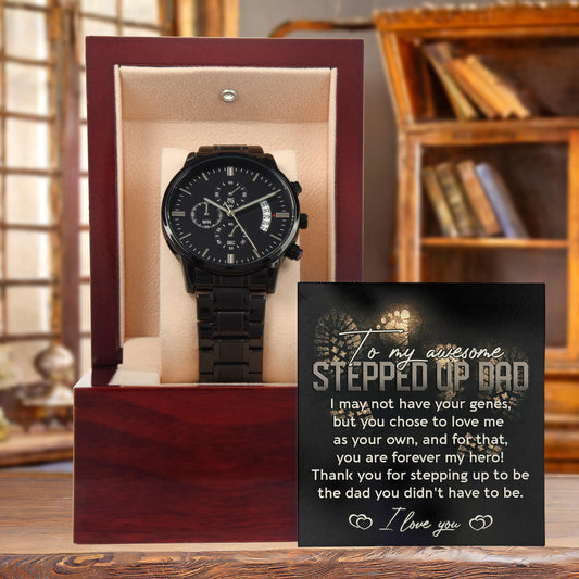 To My Awesome Stepped-Up Man Black Chronograph Watch Gift for Stepdad - Mallard Moon Gift Shop