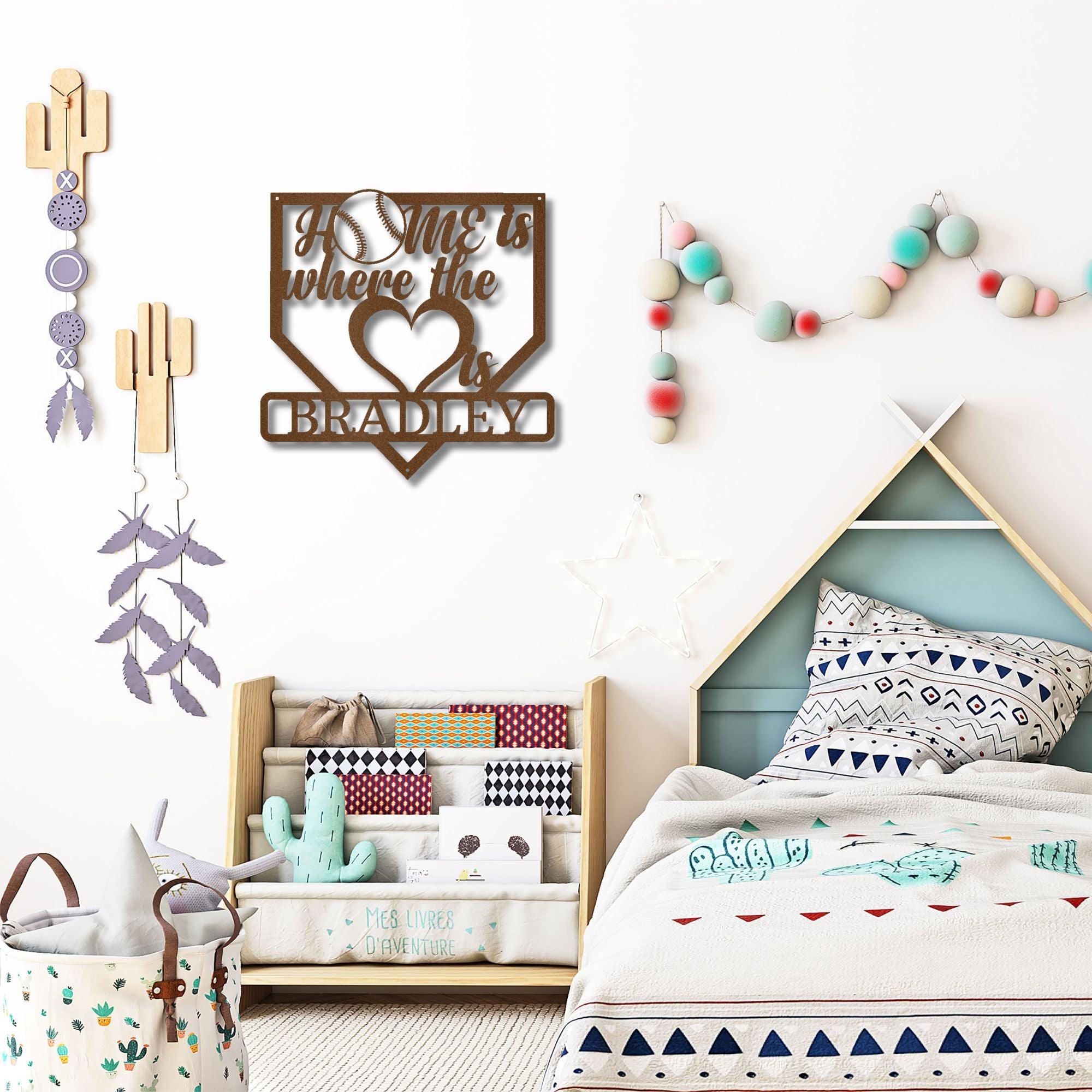 Baseball Home Is Where the Heart Is Custom Name Metal Art Wall Sign - Mallard Moon Gift Shop