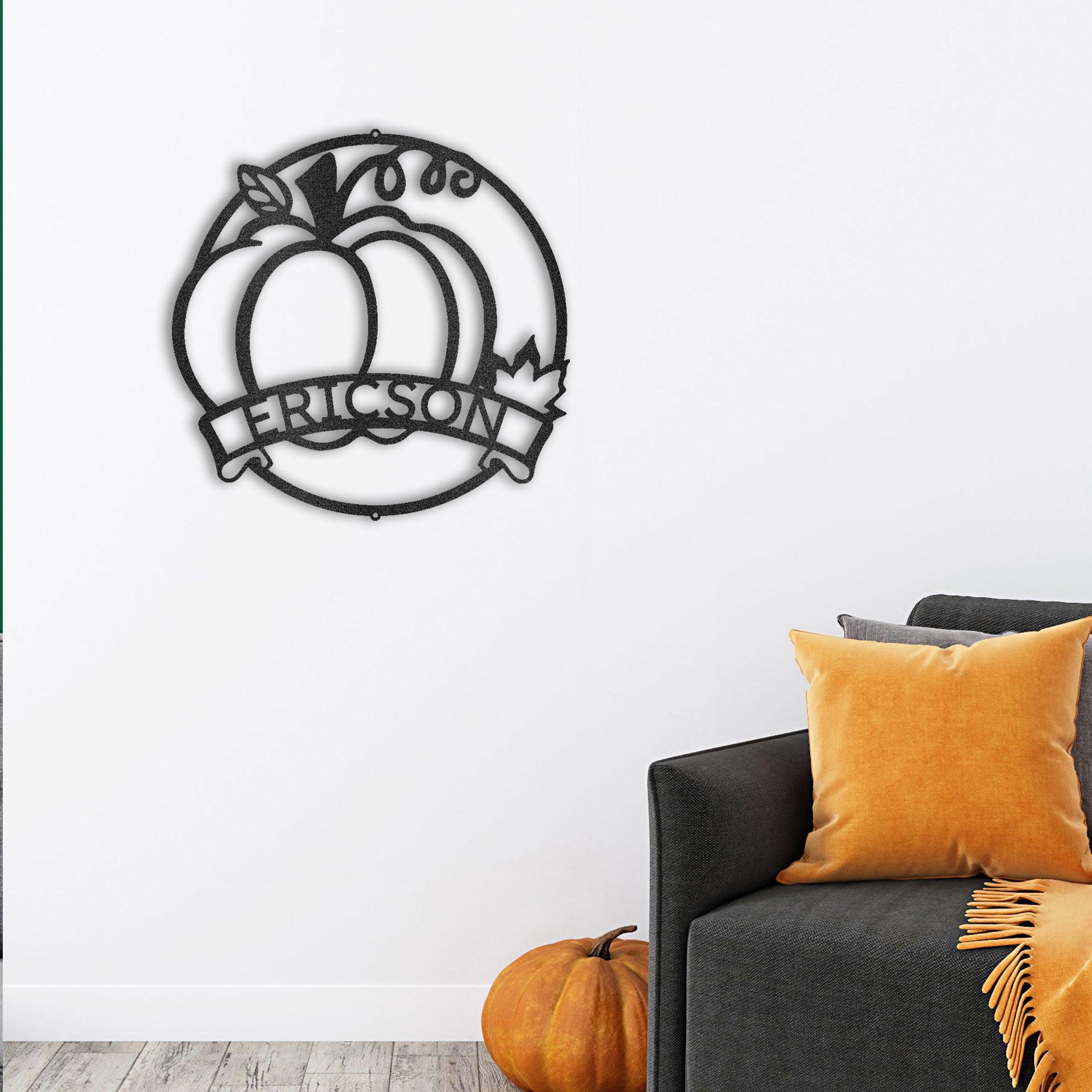 Fall Harvest Pumpkin Custom Monogram Family Name Indoor Outdoor Steel Wall Sign - Mallard Moon Gift Shop