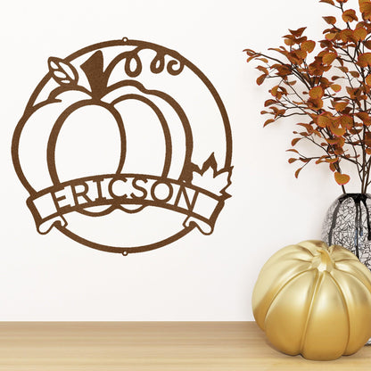 Fall Harvest Pumpkin Custom Monogram Family Name Indoor Outdoor Steel Wall Sign - Mallard Moon Gift Shop