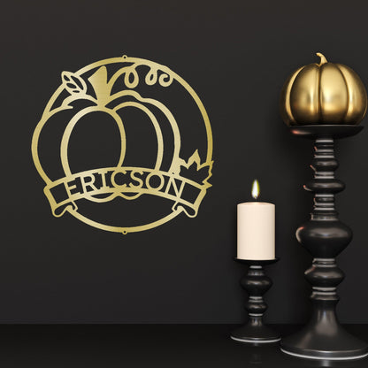 Fall Harvest Pumpkin Custom Monogram Family Name Indoor Outdoor Steel Wall Sign - Mallard Moon Gift Shop