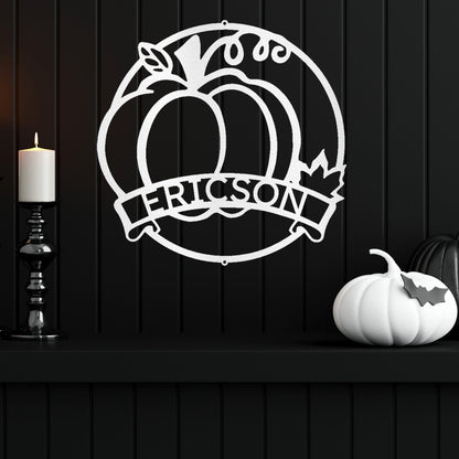 Fall Harvest Pumpkin Custom Monogram Family Name Indoor Outdoor Steel Wall Sign - Mallard Moon Gift Shop