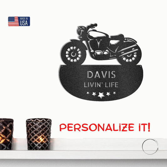 Personalized Motorcycle Metal Wall Sign – Custom Name Laser-Cut Steel Art for Indoors & Outdoors - Mallard Moon Gift Shop