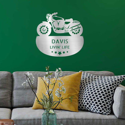 Personalized Motorcycle Metal Wall Sign – Custom Name Laser-Cut Steel Art for Indoors & Outdoors - Mallard Moon Gift Shop