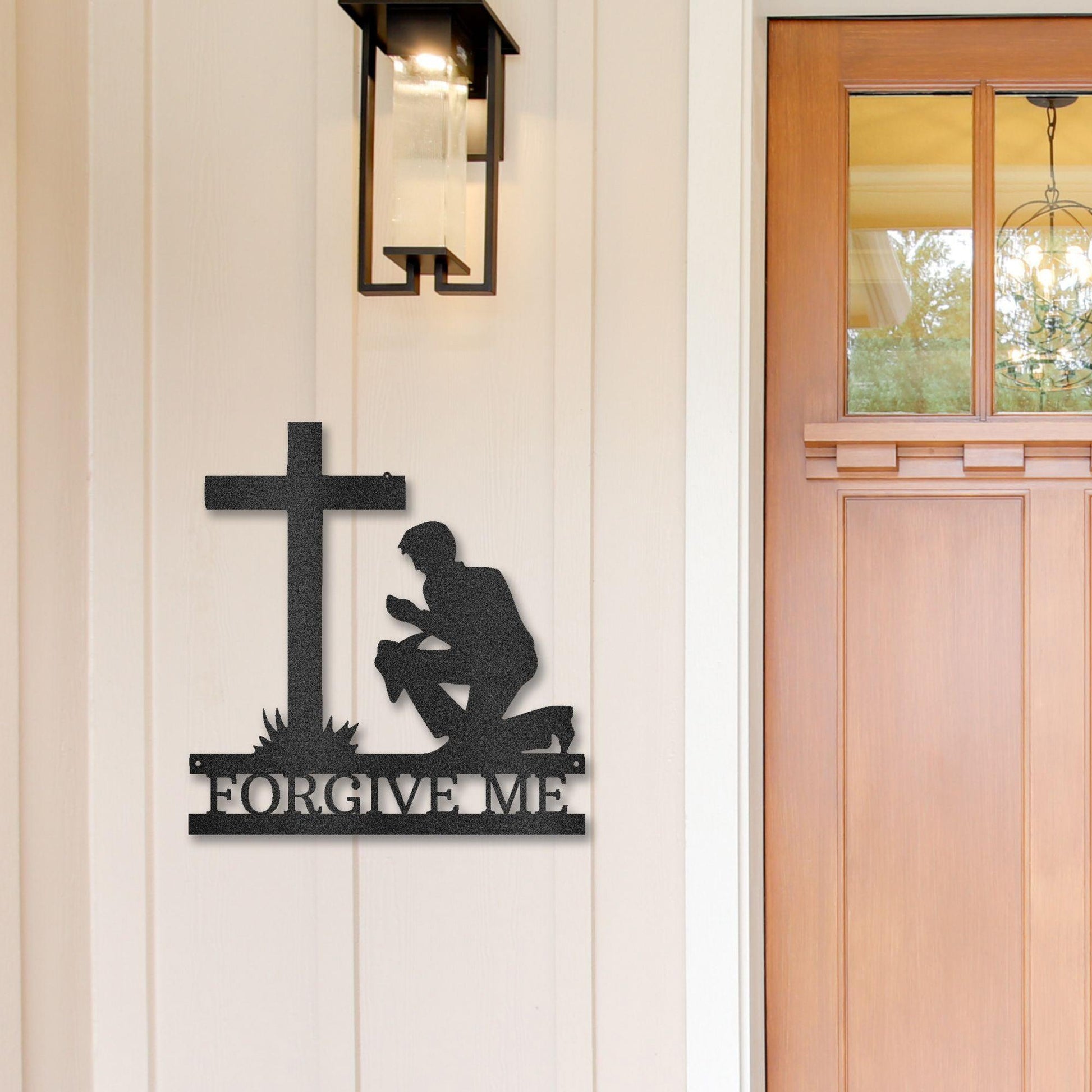 Praying Man Kneeling at Cross Spiritual Metal Art Wall Sign - Mallard Moon Gift Shop