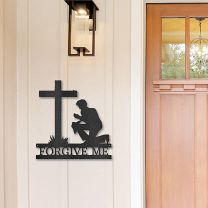 Praying Man Kneeling at Cross Spiritual Metal Art Wall Sign - Mallard Moon Gift Shop