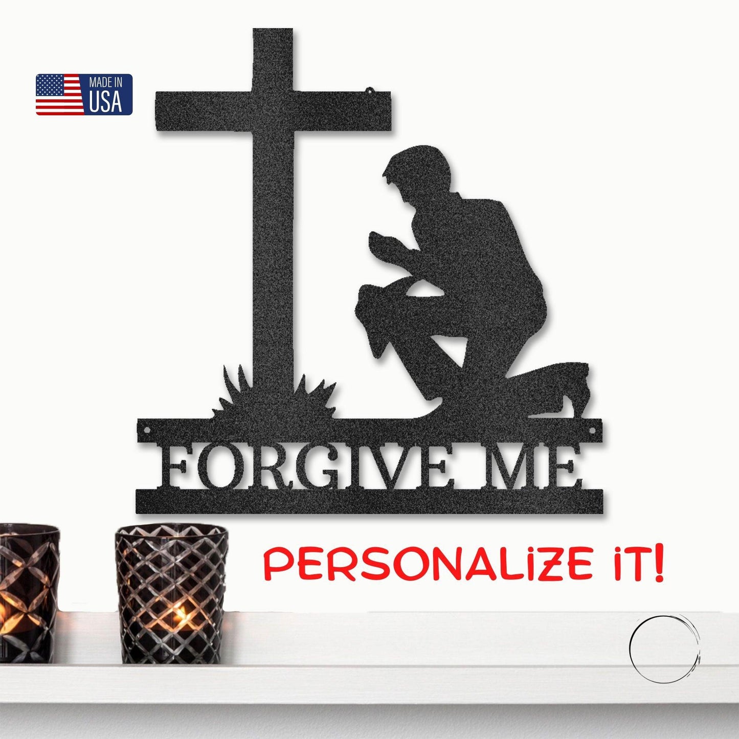 Praying Man Kneeling at Cross Spiritual Metal Art Wall Sign - Mallard Moon Gift Shop