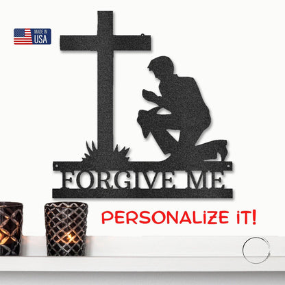 Praying Man Kneeling at Cross Spiritual Metal Art Wall Sign - Mallard Moon Gift Shop