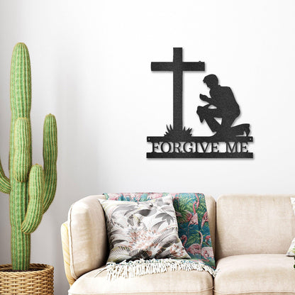 Praying Man Kneeling at Cross Spiritual Metal Art Wall Sign - Mallard Moon Gift Shop