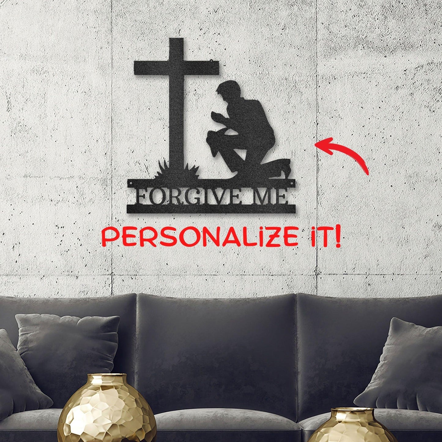 Praying Man Kneeling at Cross Spiritual Metal Art Wall Sign - Mallard Moon Gift Shop