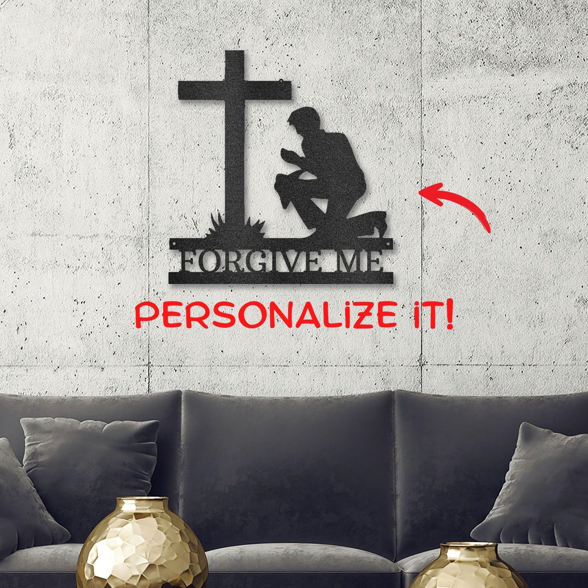 Praying Man Kneeling at Cross Spiritual Metal Art Wall Sign - Mallard Moon Gift Shop