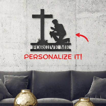 Praying Man Kneeling at Cross Spiritual Metal Art Wall Sign - Mallard Moon Gift Shop