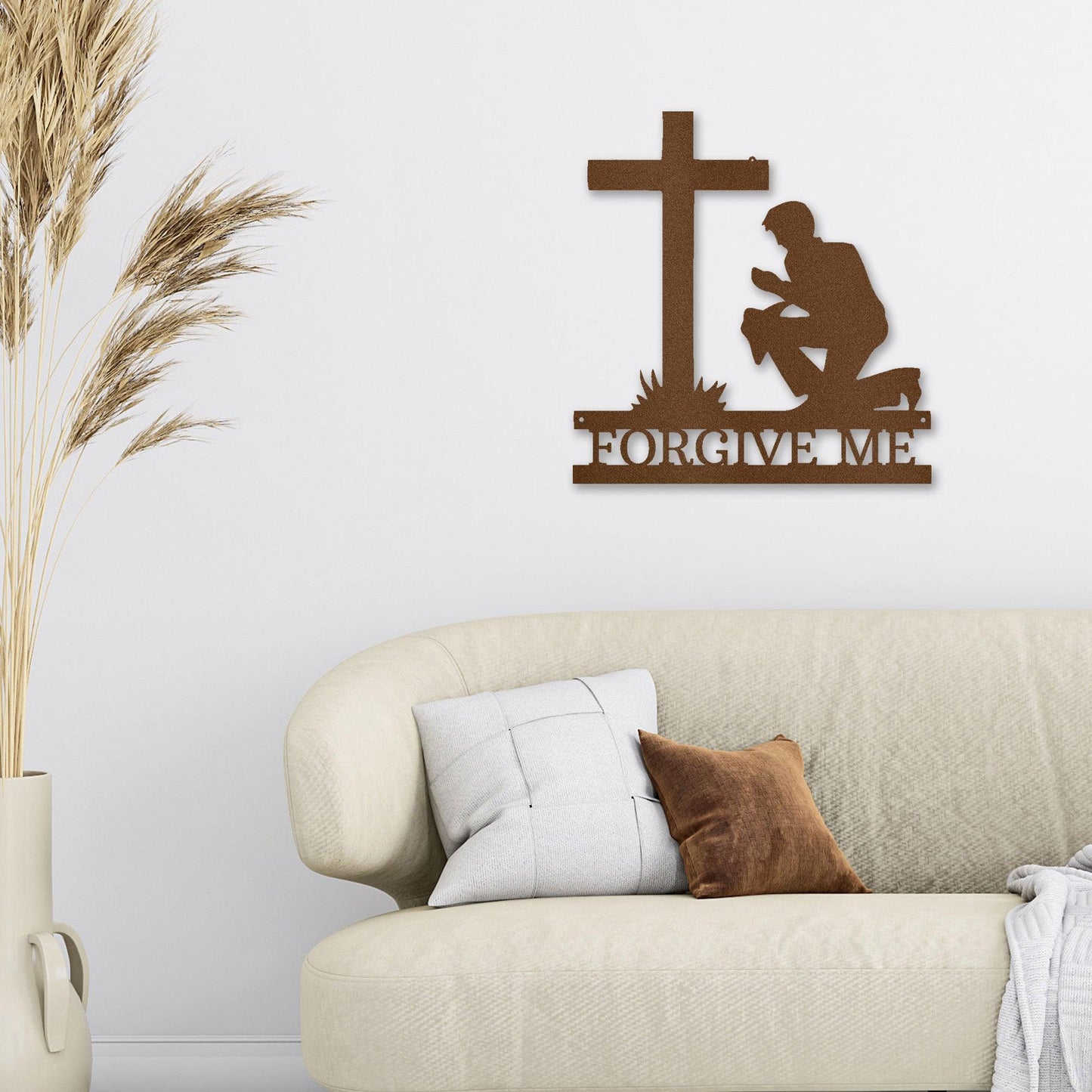 Praying Man Kneeling at Cross Spiritual Metal Art Wall Sign - Mallard Moon Gift Shop