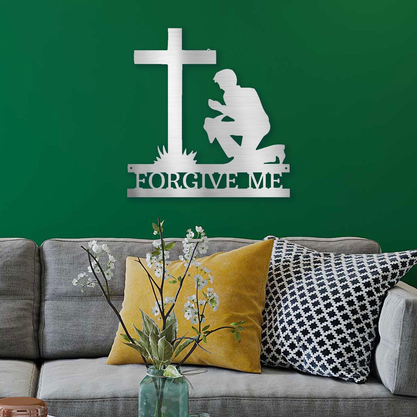 Praying Man Kneeling at Cross Spiritual Metal Art Wall Sign - Mallard Moon Gift Shop