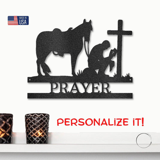 Praying Cowboy with Horse Kneeling at Cross Custom Name Metal Wall Art - Mallard Moon Gift Shop