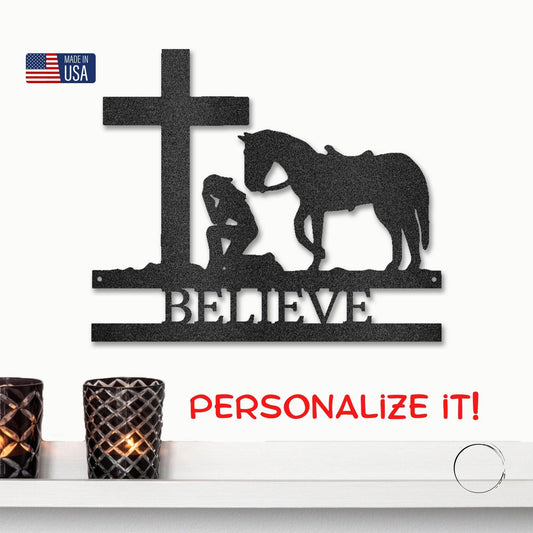 Praying Cowgirl with Horse Kneeling at Cross Custom Name Metal Wall Art - Mallard Moon Gift Shop