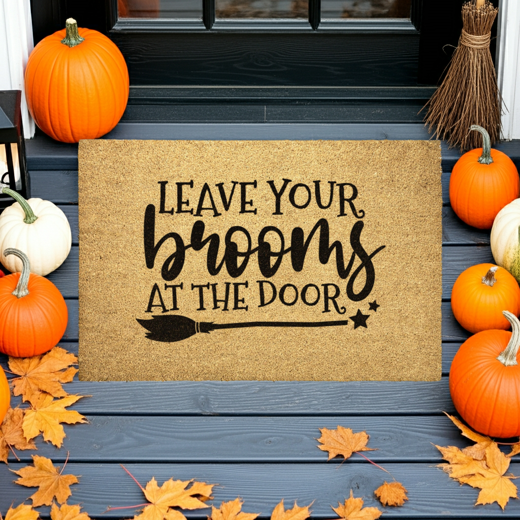 Leave Your Brooms at the Door Halloween Doormat – Funny Witch Outdoor Mat - Mallard Moon