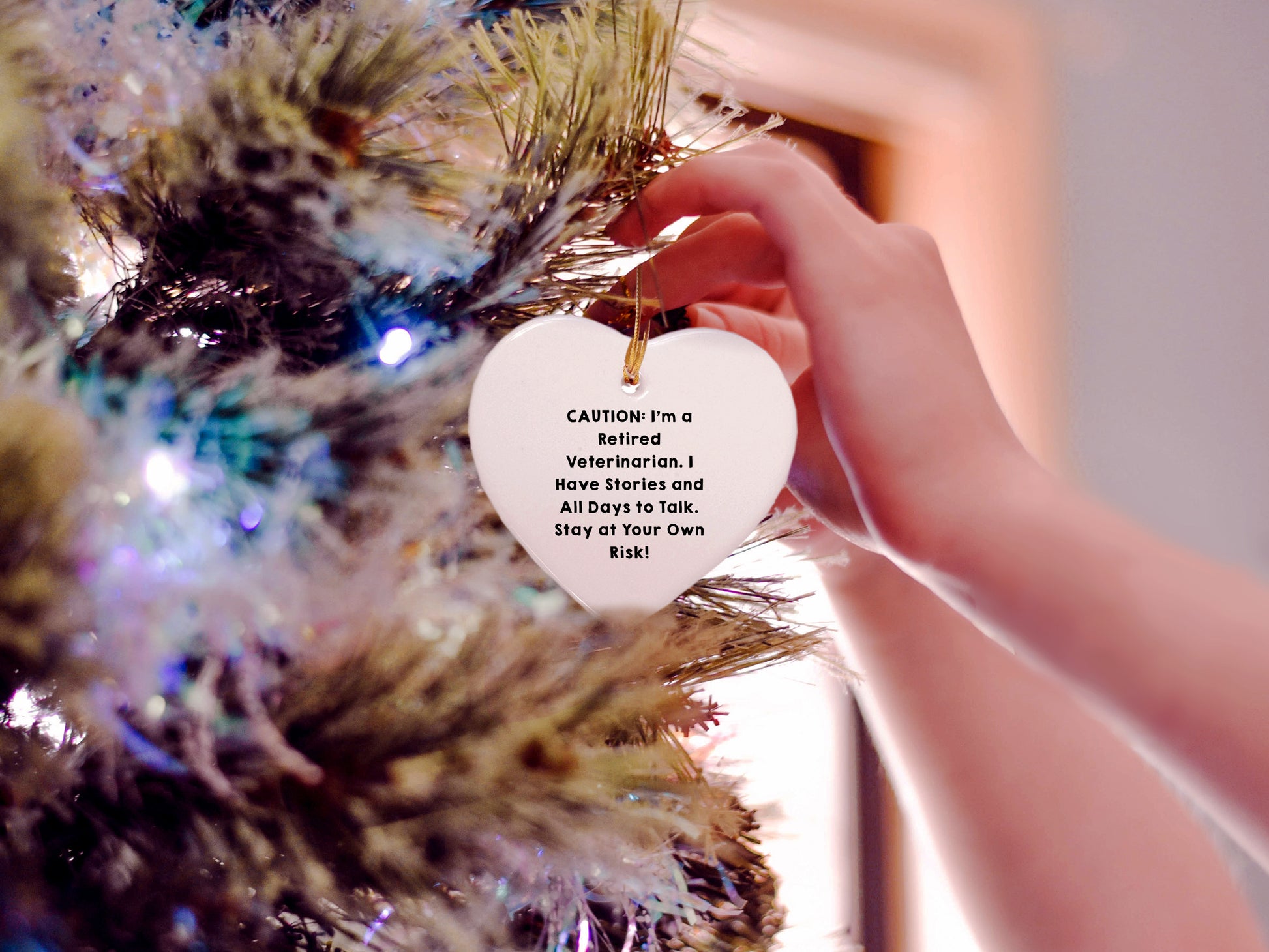 'Veterinarian's Heart: Funny Gift from Friends to Friends' - Heart Ornament with Caution Quote for Christmas