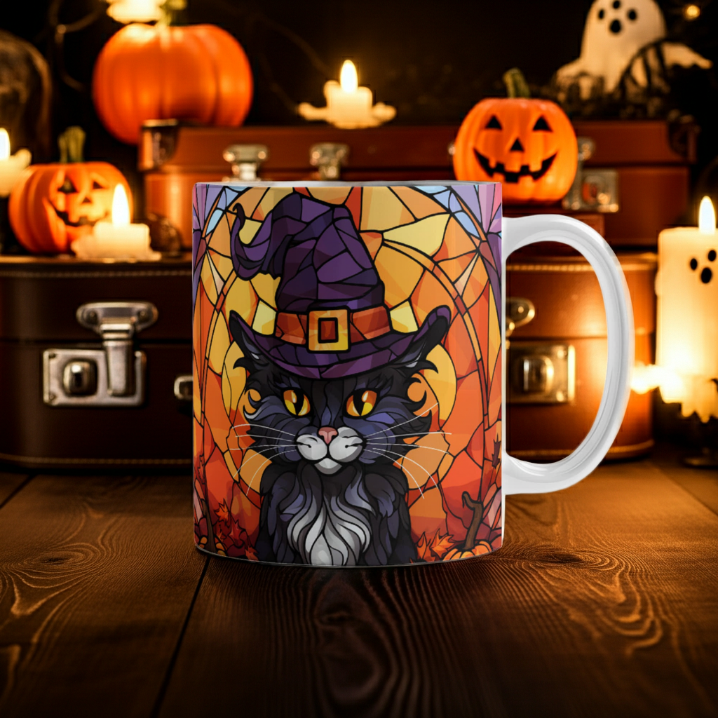 Halloween Black Cat Witch Stained Glass Mug – Spooky Fall Coffee Cup for Cat Lovers | Mallard Moon Gift Shop - Mallard Moon