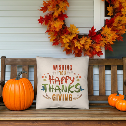 Wishing You a Happy Thanksgiving Throw Pillow – Indoor/Outdoor Fall Accent Cushion – Available in 3 Sizes - Mallard Moon