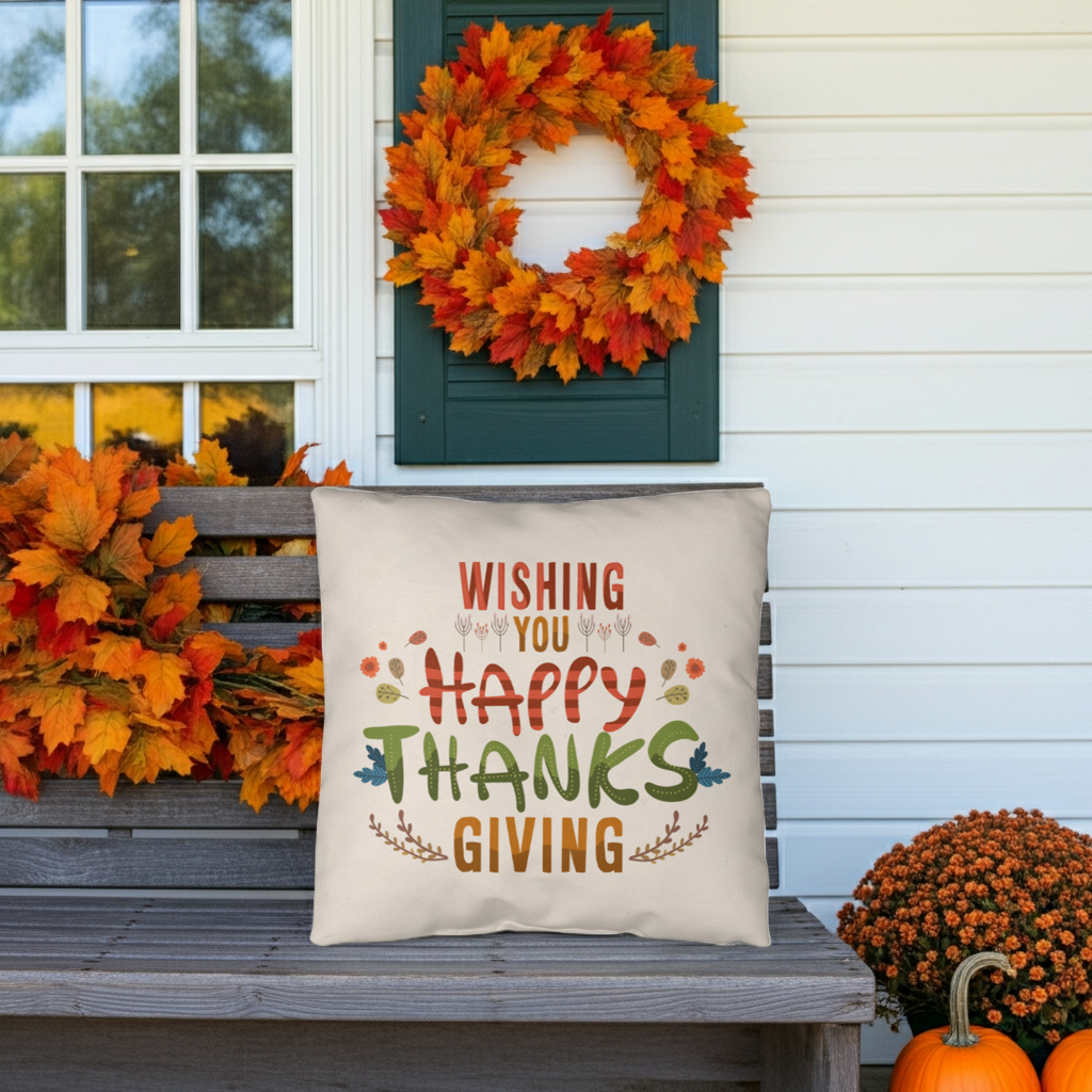 Wishing You a Happy Thanksgiving Throw Pillow – Indoor/Outdoor Fall Accent Cushion – Available in 3 Sizes - Mallard Moon