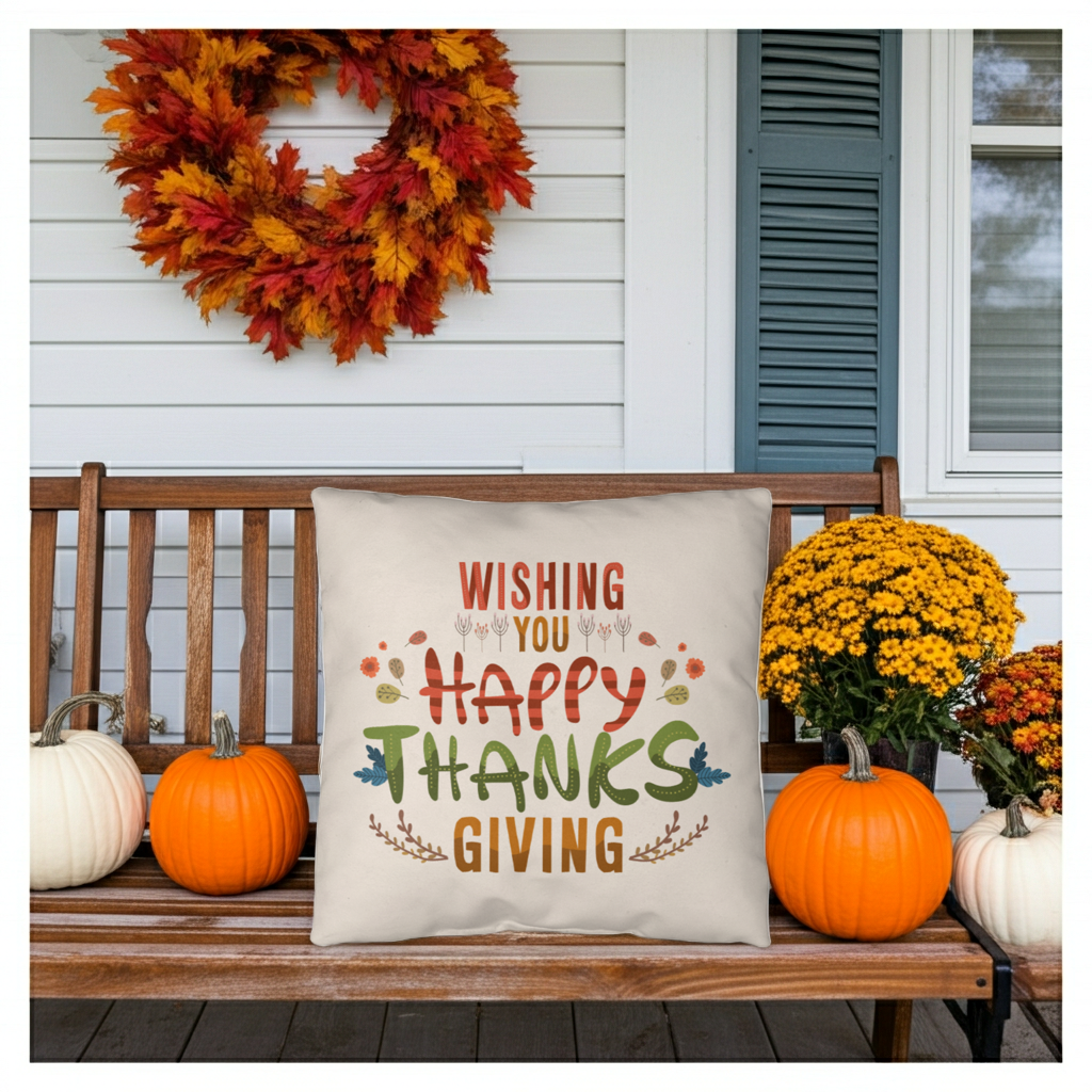 Wishing You a Happy Thanksgiving Throw Pillow – Indoor/Outdoor Fall Accent Cushion – Available in 3 Sizes - Mallard Moon