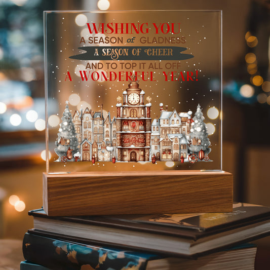Wishing You a Season of Gladness Holiday Acrylic Plaque with Lighted LED Wooden Base - Mallard Moon Gift Shop