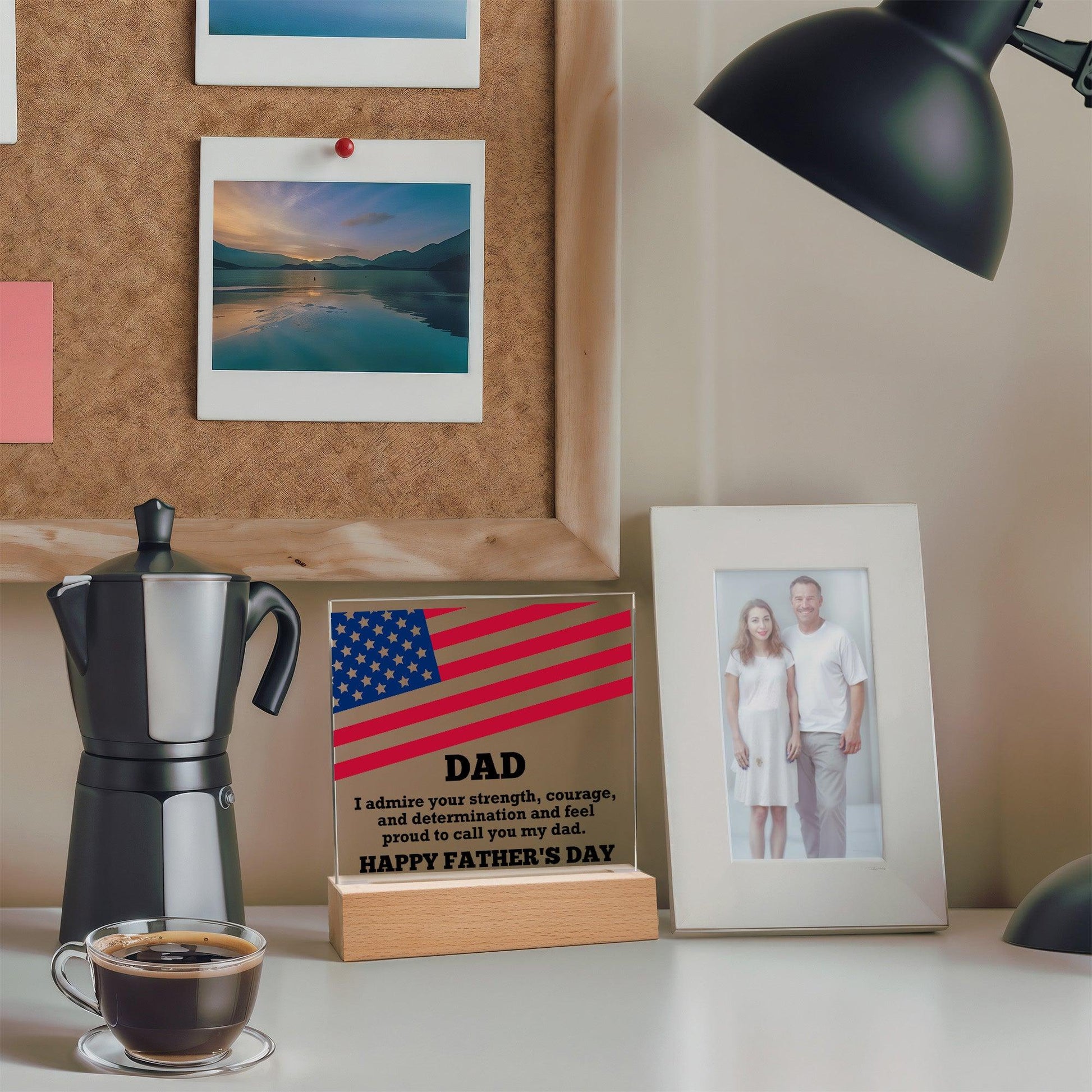 Dad, I Admire Your Strength Patriotic Personalized Acrylic Plaque with LED Wooden Base - Mallard Moon Gift Shop