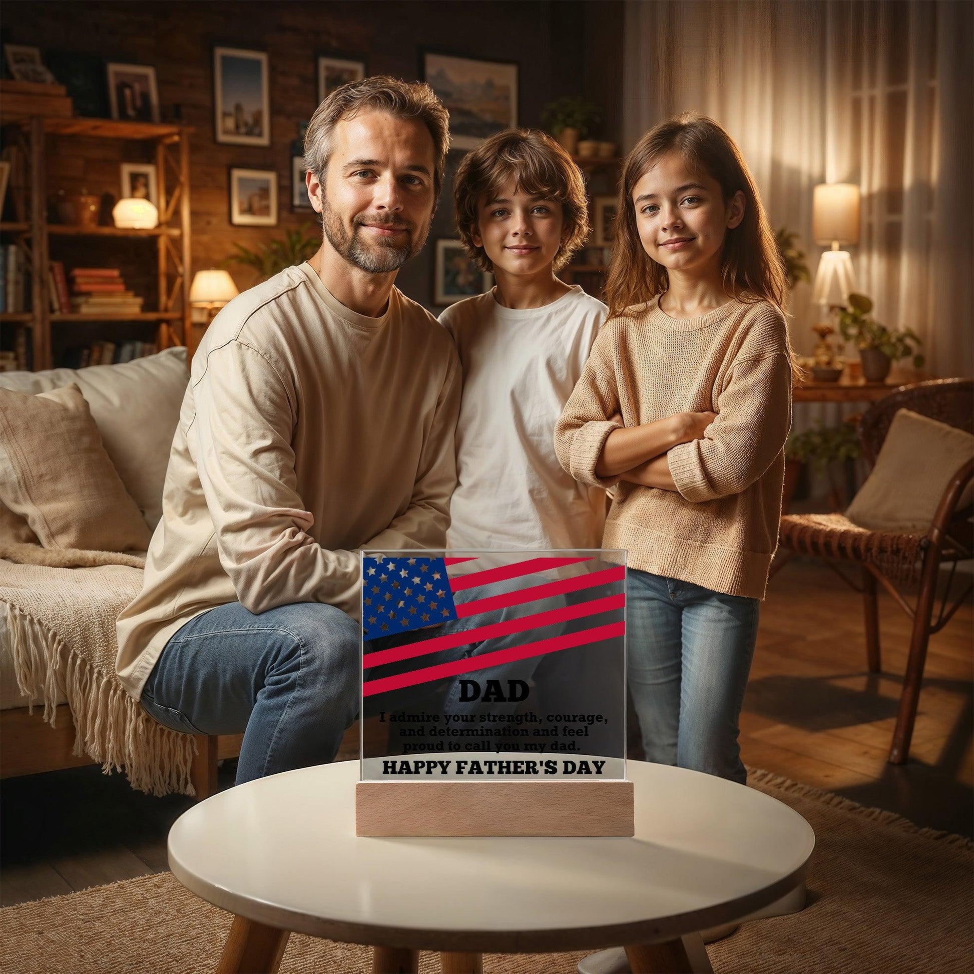 Dad, I Admire Your Strength Patriotic Personalized Acrylic Plaque with LED Wooden Base - Mallard Moon Gift Shop