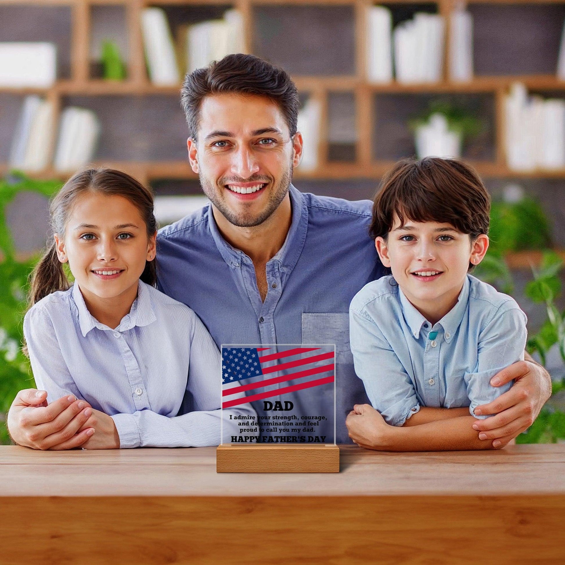 Dad, I Admire Your Strength Patriotic Personalized Acrylic Plaque with LED Wooden Base - Mallard Moon Gift Shop