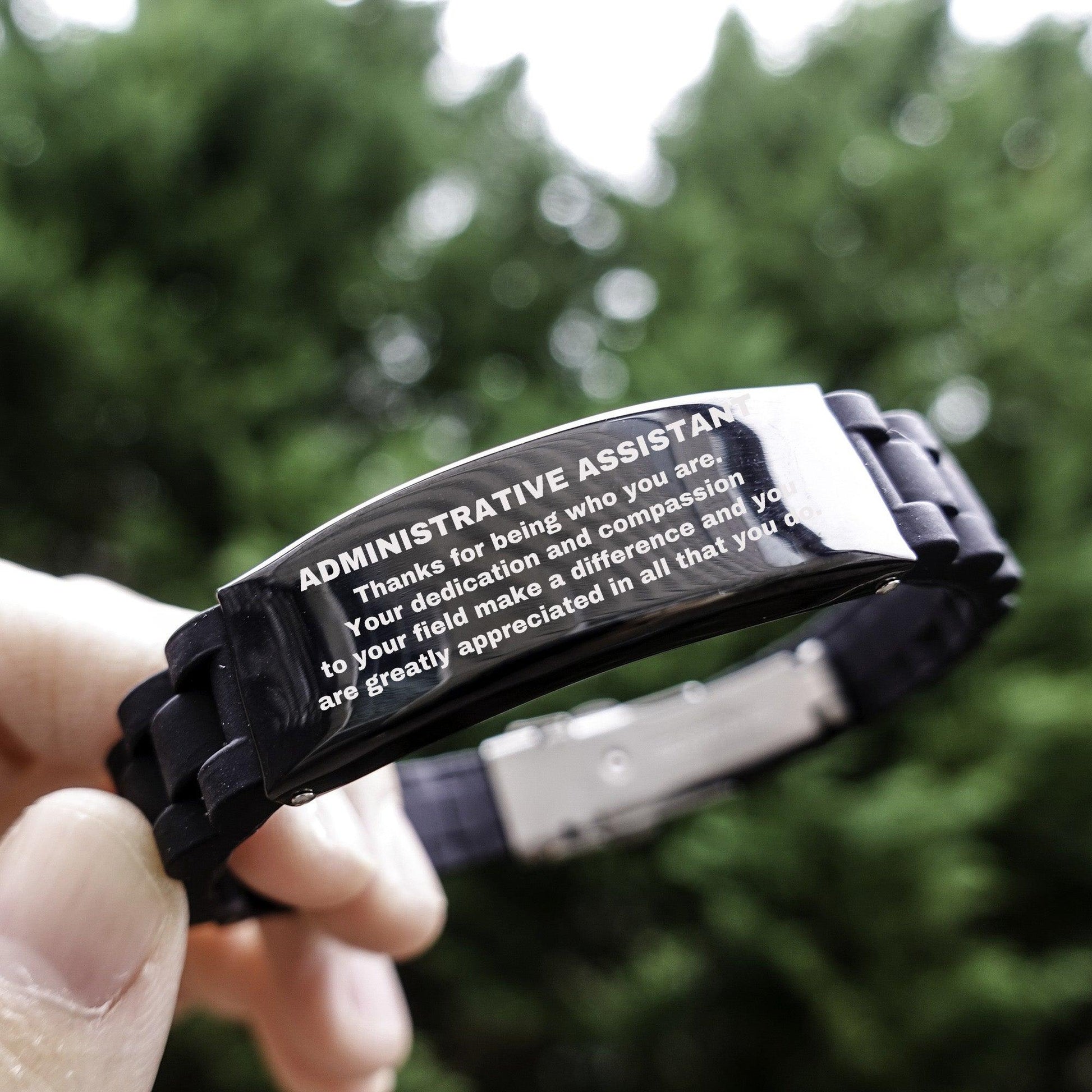 Administrative Assistant Black Glidelock Clasp Engraved Bracelet - Thanks for being who you are - Birthday Christmas Jewelry Gifts Coworkers Colleague Boss - Mallard Moon Gift Shop