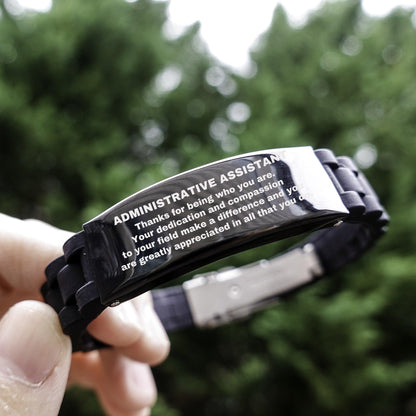 Administrative Assistant Black Glidelock Clasp Engraved Bracelet - Thanks for being who you are - Birthday Christmas Jewelry Gifts Coworkers Colleague Boss - Mallard Moon Gift Shop