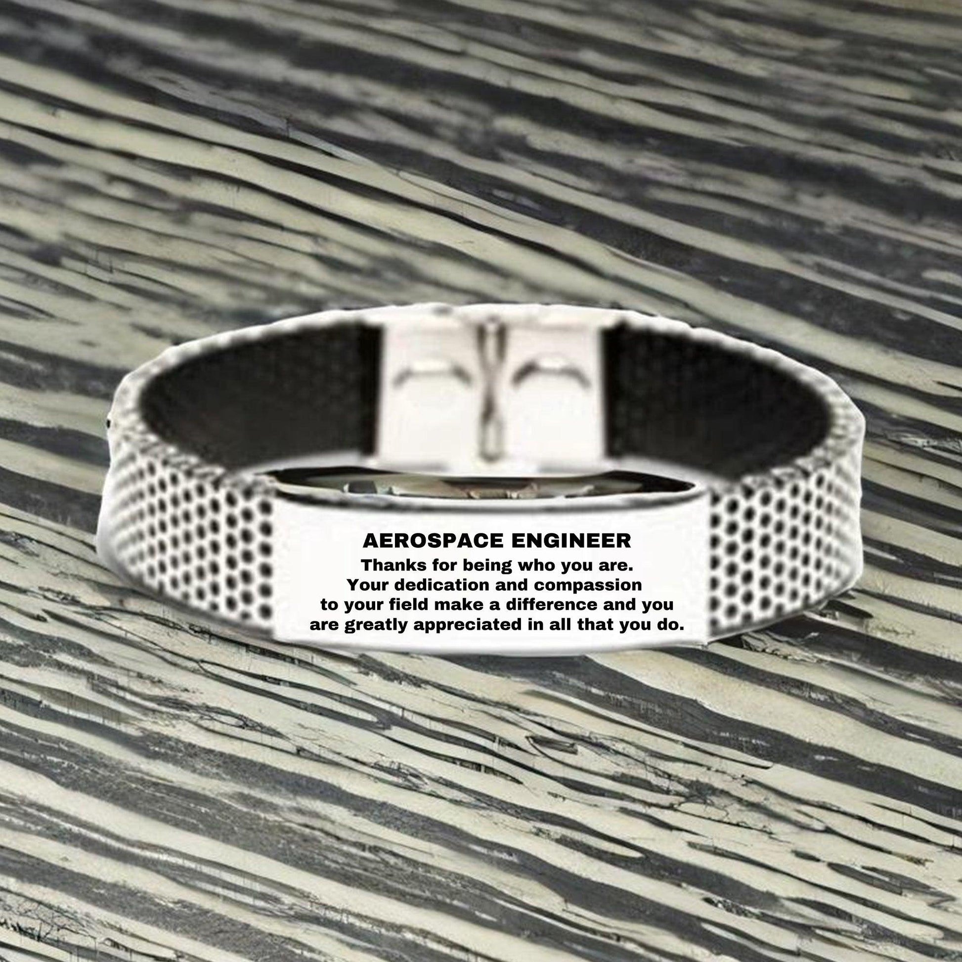 Aerospace Engineer Silver Shark Mesh Stainless Steel Engraved Bracelet - Thanks for being who you are - Birthday Christmas Jewelry Gifts Coworkers Colleague Boss - Mallard Moon Gift Shop