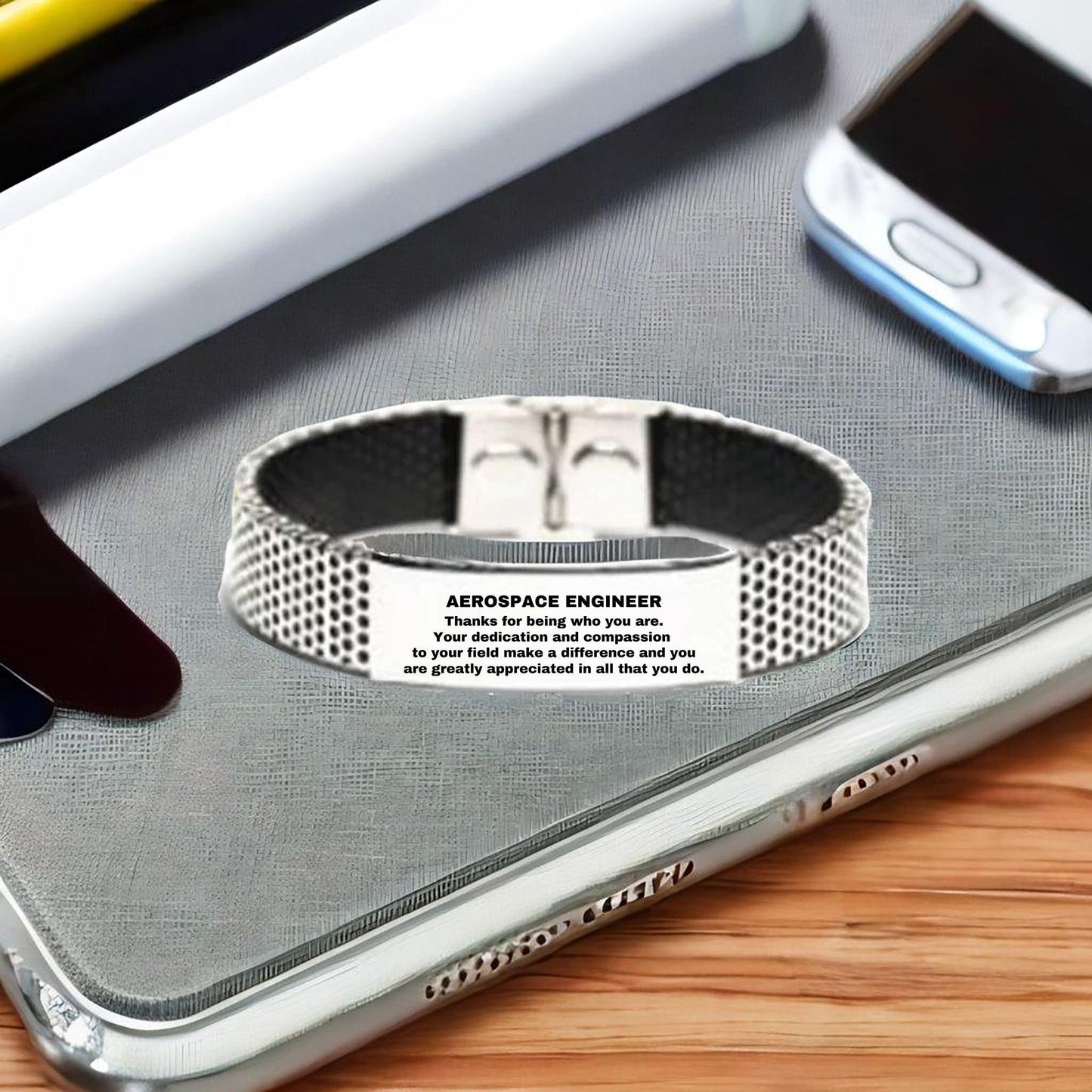 Aerospace Engineer Silver Shark Mesh Stainless Steel Engraved Bracelet - Thanks for being who you are - Birthday Christmas Jewelry Gifts Coworkers Colleague Boss - Mallard Moon Gift Shop