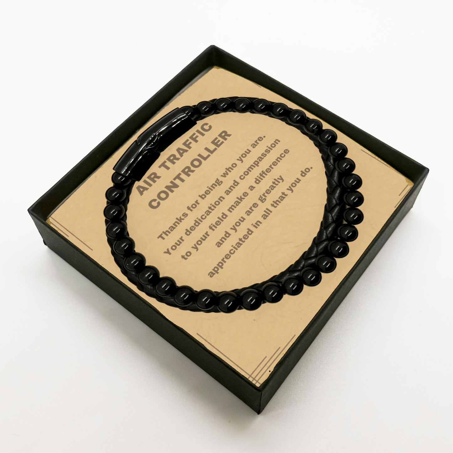 Air Traffic Controller Genuine Stone & Leather Braided Bracelet- Appreciation Gift for Aviation Professionals - Mallard Moon Gift Shop