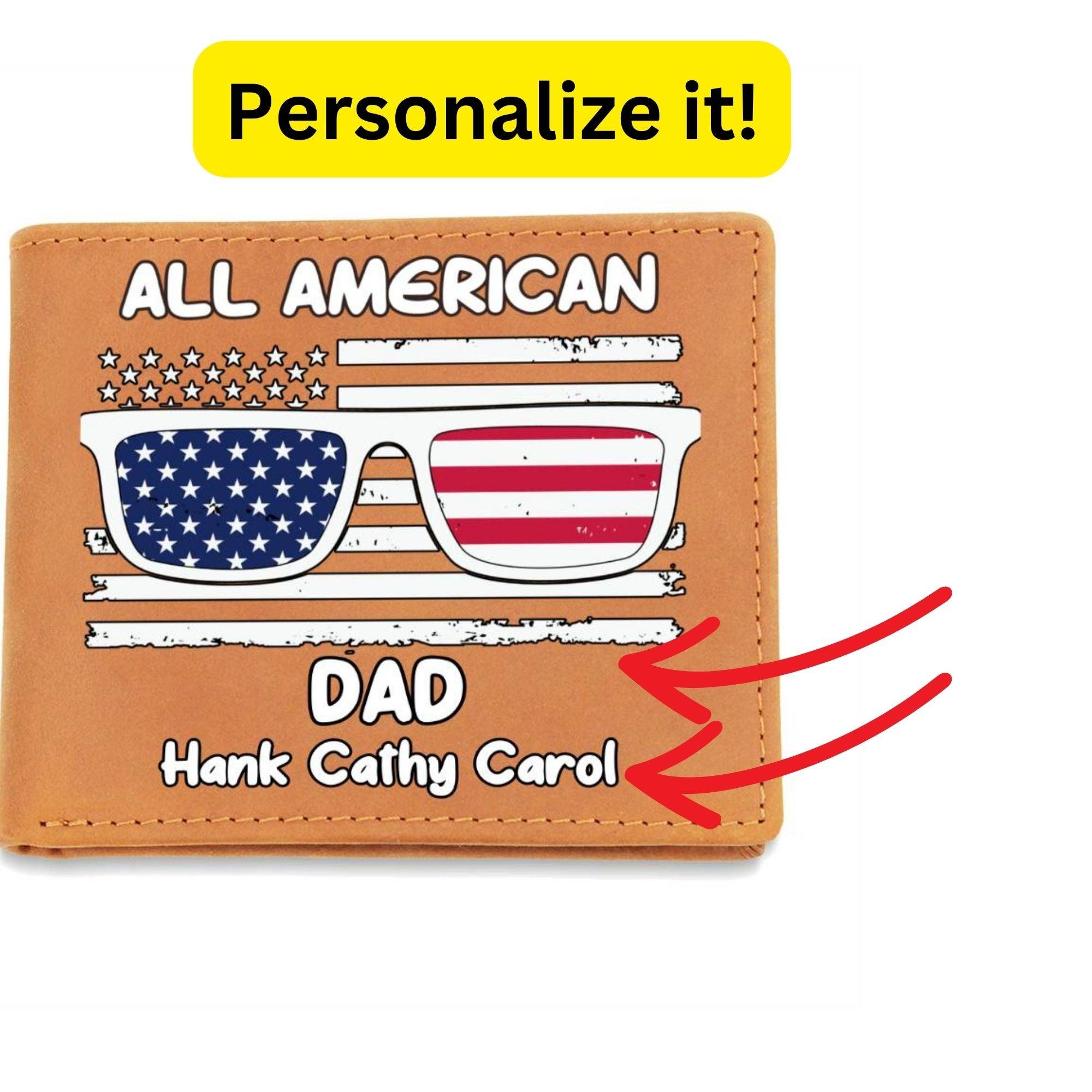 All American Dad - Papa - Grandpa - Personalized Leather Wallet - Mallard Moon Gift Shop