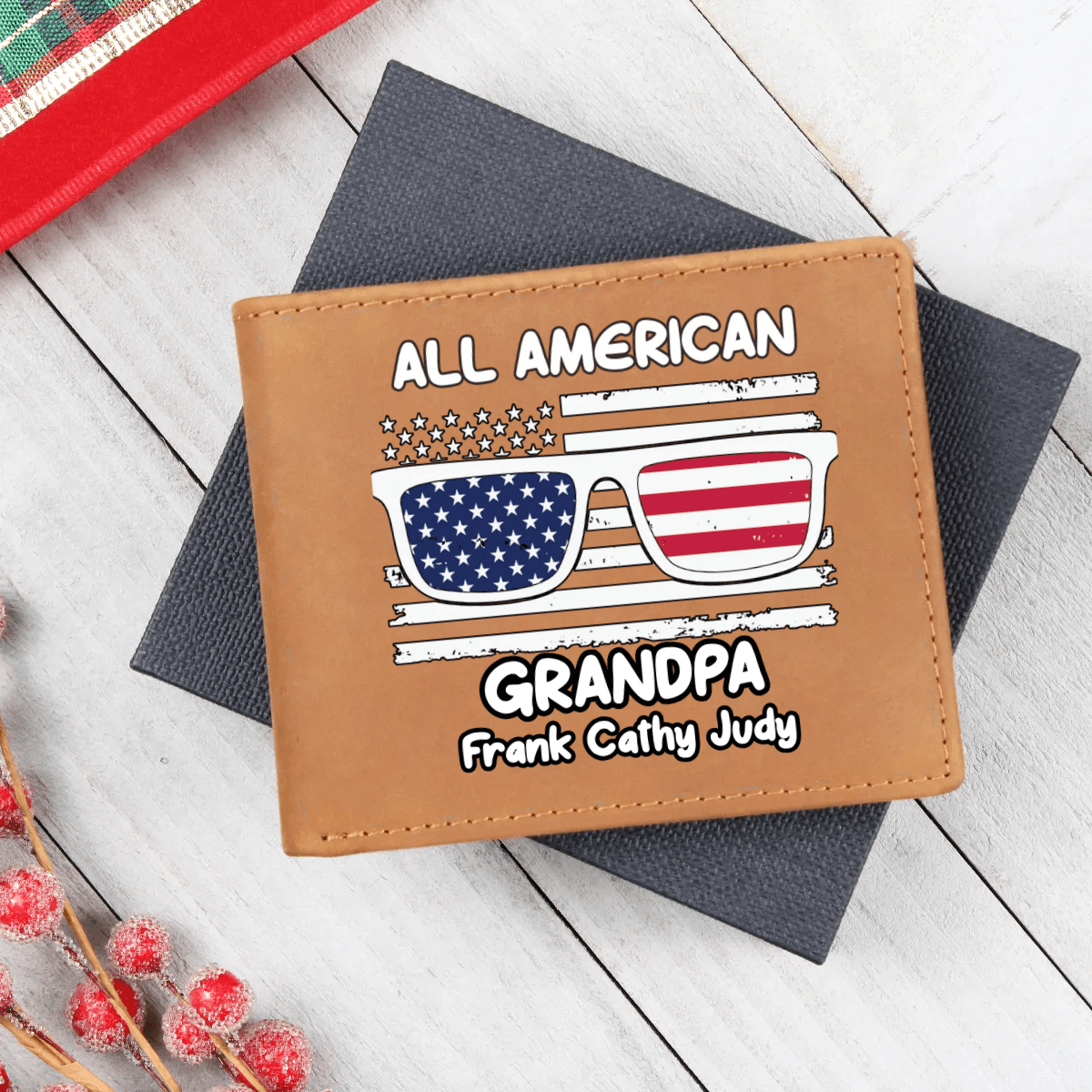 All American Dad - Papa - Grandpa - Personalized Leather Wallet - Mallard Moon Gift Shop