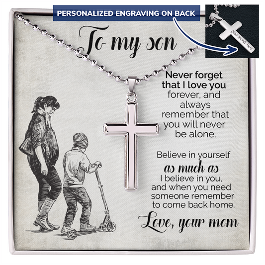 To My Son – Personalized Cross Necklace from Mom | Stainless Steel Faith Pendant with Engraved Back and Message Card - Mallard Moon Gift Shop