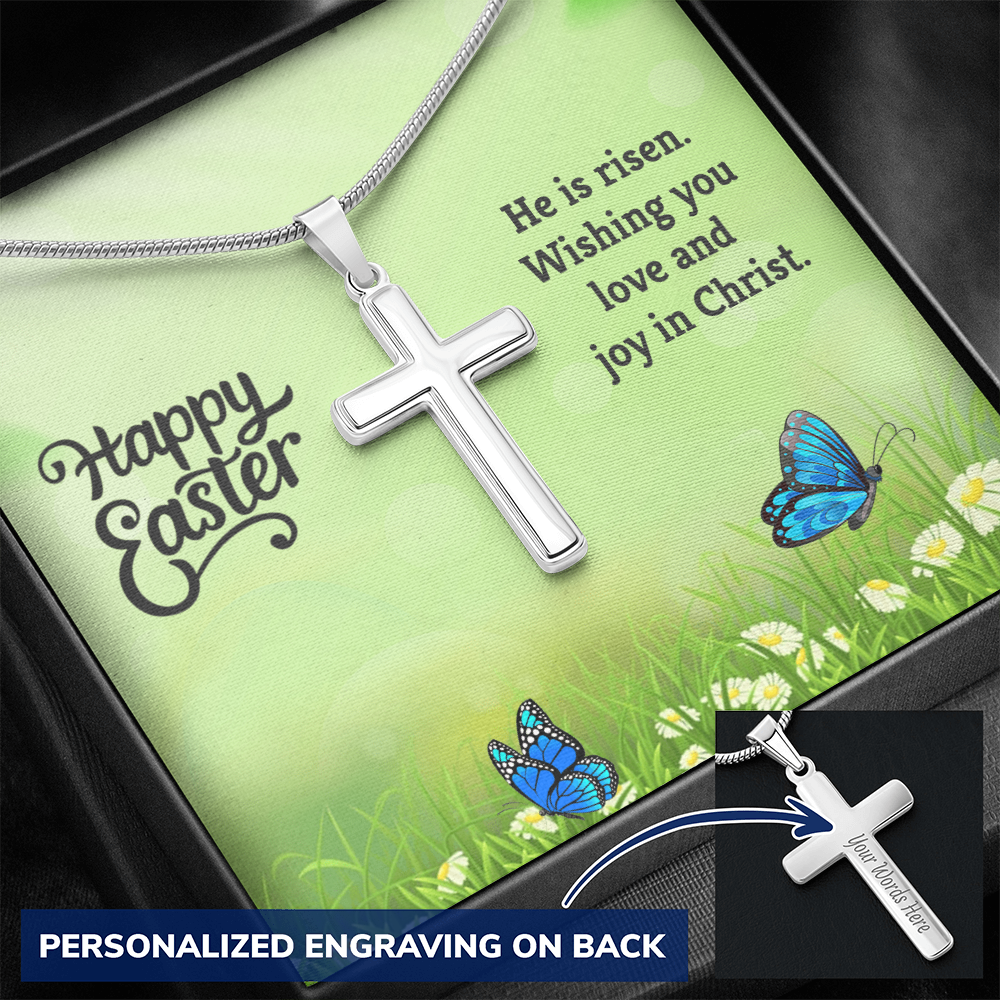 Easter Personalized Stainless Steel Cross Necklace – Custom Engraved Christian Pendant for Men & Women – Religious Jewelry with Adjustable Snake Chain - Mallard Moon Gift Shop