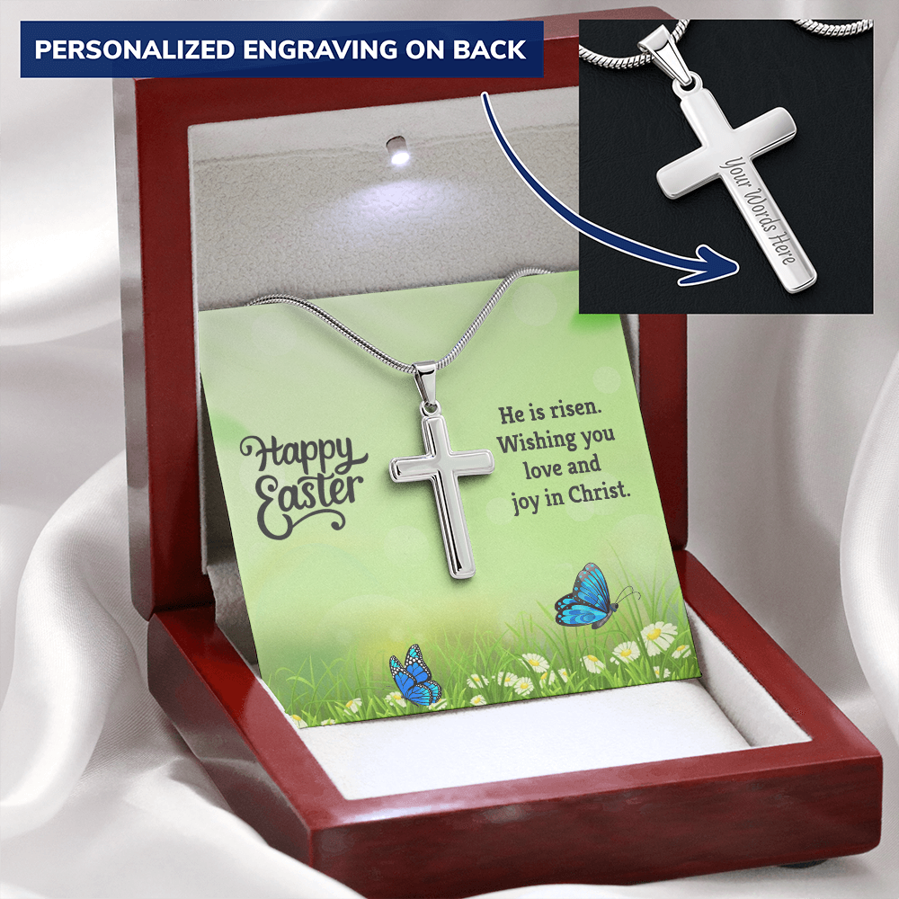 Easter Personalized Stainless Steel Cross Necklace – Custom Engraved Christian Pendant for Men & Women – Religious Jewelry with Adjustable Snake Chain - Mallard Moon Gift Shop