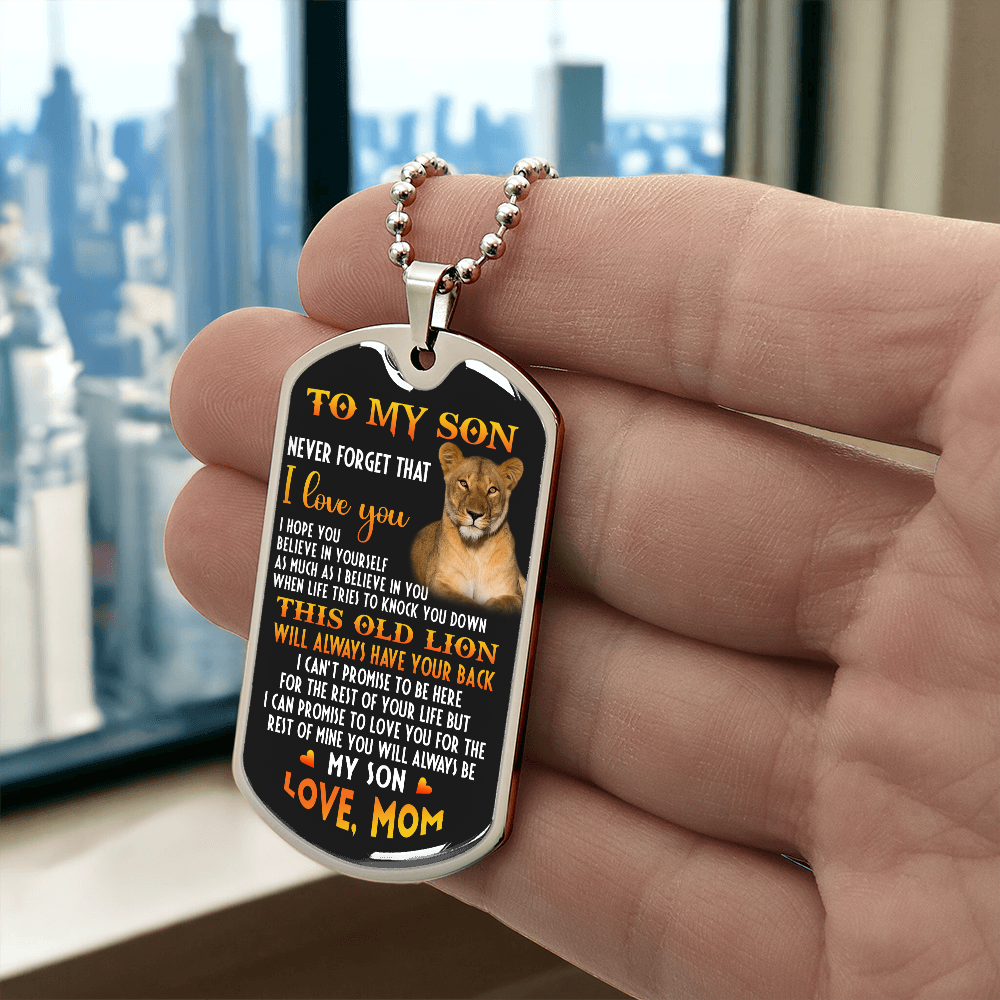 o My Son – Old Lion Dog Tag Necklace from Mom | Personalized Military Pendant Keepsake Gift for Birthday, Graduation, Christmas, or Deployment - Mallard Moon Gift Shop
