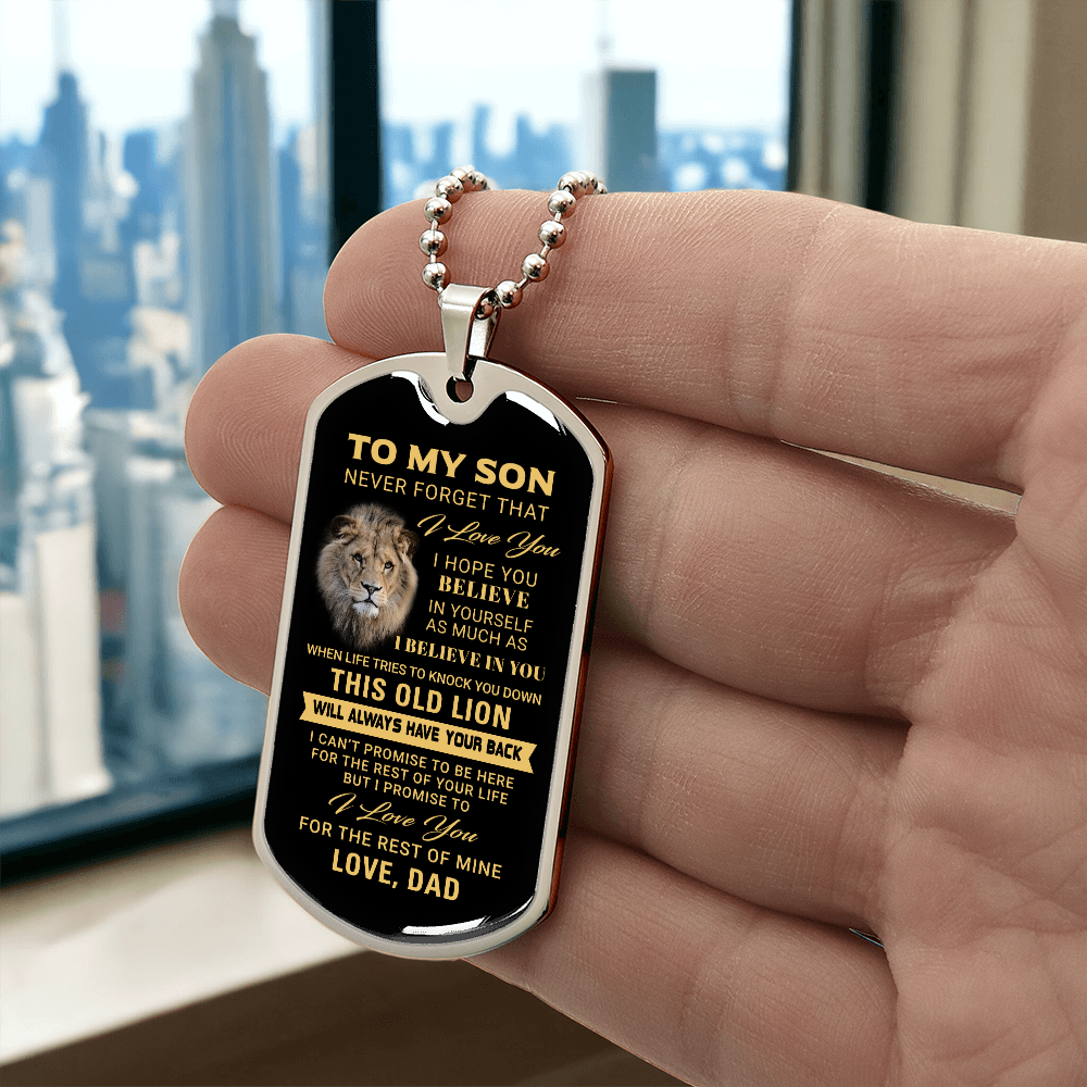 To My Son – Old Lion Dog Tag Necklace from Dad | Personalized Military Pendant Keepsake Gift for Birthday, Graduation, Christmas, or Deployment - Mallard Moon Gift Shop