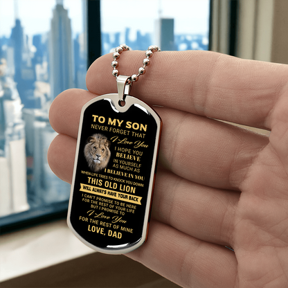 To My Son – Old Lion Dog Tag Necklace from Dad | Personalized Military Pendant Keepsake Gift for Birthday, Graduation, Christmas, or Deployment - Mallard Moon Gift Shop