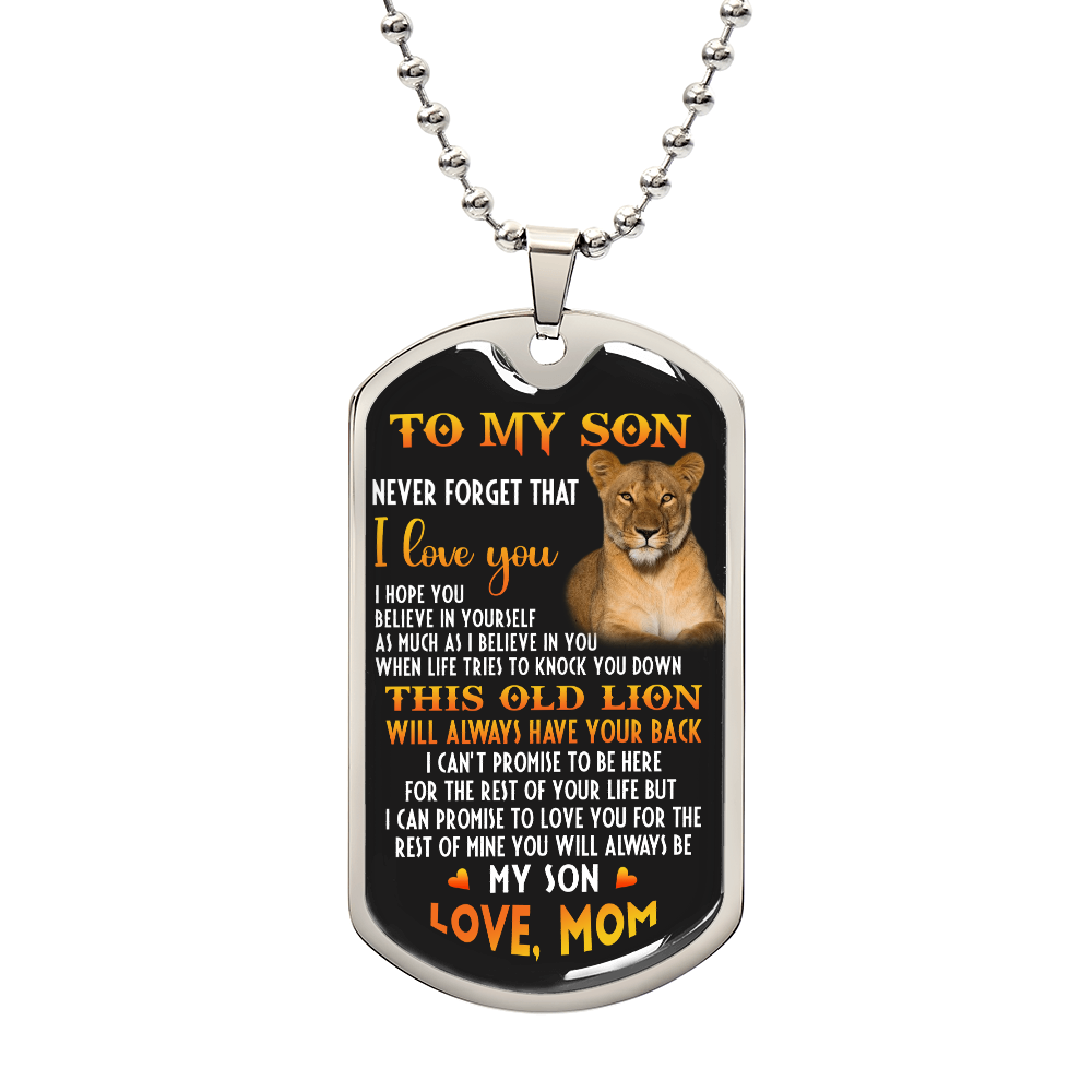 o My Son – Old Lion Dog Tag Necklace from Mom | Personalized Military Pendant Keepsake Gift for Birthday, Graduation, Christmas, or Deployment - Mallard Moon Gift Shop