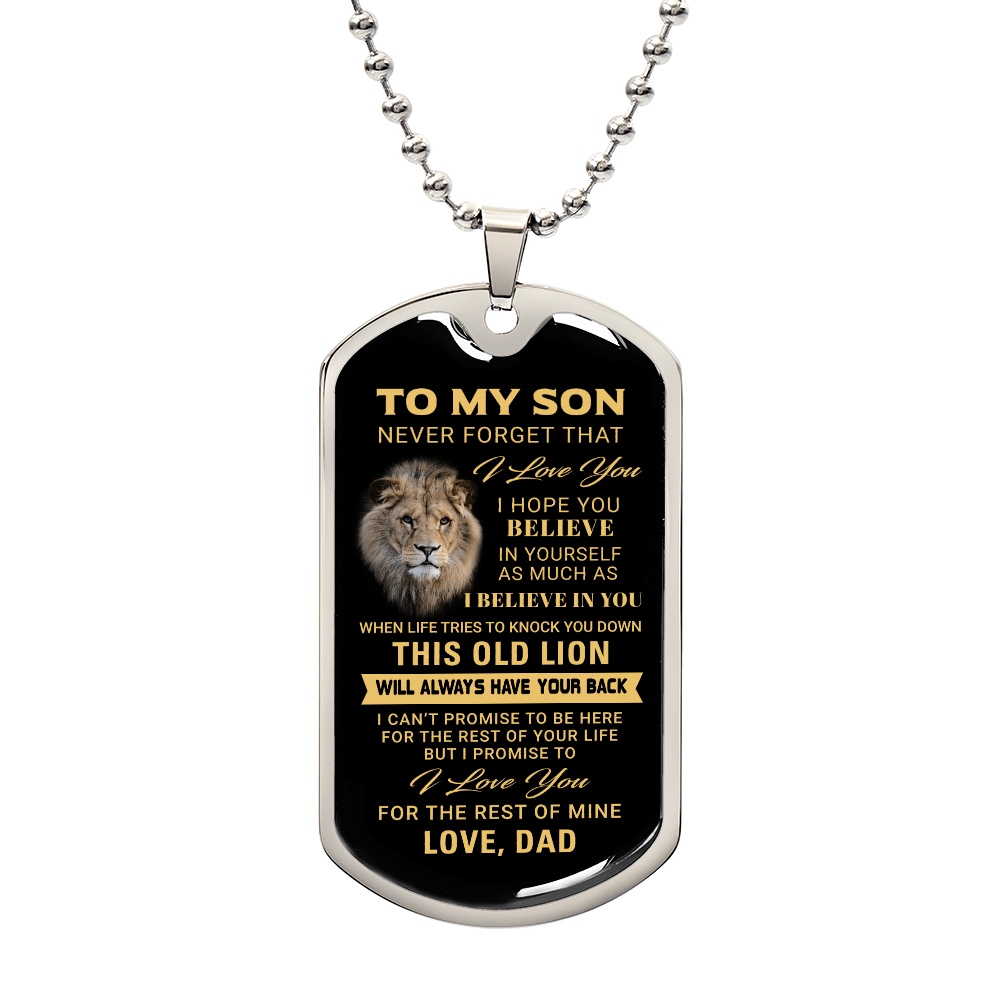 To My Son – Old Lion Dog Tag Necklace from Dad | Personalized Military Pendant Keepsake Gift for Birthday, Graduation, Christmas, or Deployment - Mallard Moon Gift Shop