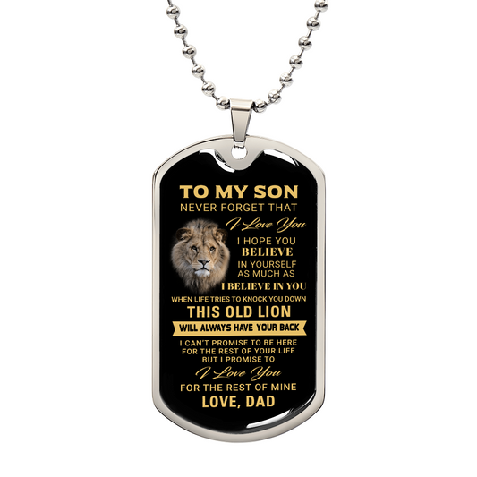To My Son – Old Lion Dog Tag Necklace from Dad | Personalized Military Pendant Keepsake Gift for Birthday, Graduation, Christmas, or Deployment - Mallard Moon Gift Shop