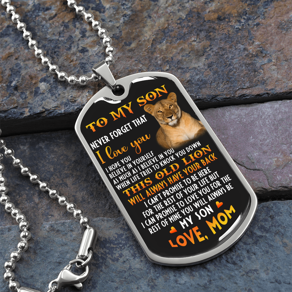 o My Son – Old Lion Dog Tag Necklace from Mom | Personalized Military Pendant Keepsake Gift for Birthday, Graduation, Christmas, or Deployment - Mallard Moon Gift Shop