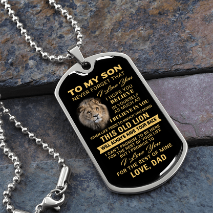 To My Son – Old Lion Dog Tag Necklace from Dad | Personalized Military Pendant Keepsake Gift for Birthday, Graduation, Christmas, or Deployment - Mallard Moon Gift Shop